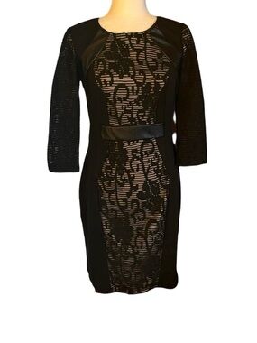 Venus Black Lace 3/4 Sleeve Bodycon Dress Faux Leather Accents Women’s Size L